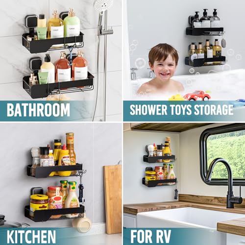 TAILI Black Shower Caddy 2-Pack Suction Cup Rustproof Metal Wall Shelves