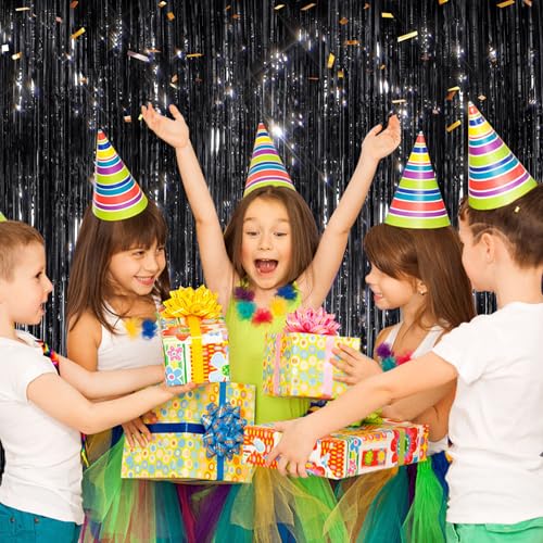 2 Pack Black Metallic Tinsel Foil Fringe Curtains, Door Streamers Photo Booth Backdrop for Birthday Party, Tinsel Curtain Backdrop for Baby Shower Bachelorette Christmas Party Decorations