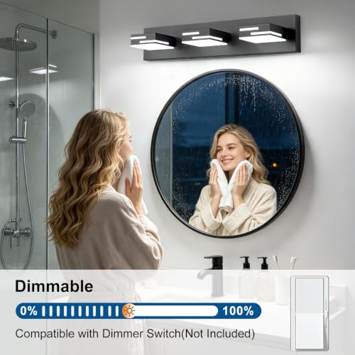 Black Dimmable 3-Light Bathroom Vanity Light 22-Inch with Rotatable Acrylic Heads
