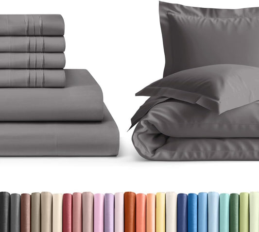 Skiennix 6-Piece Dark Grey Queen Bed Sheet Set | Soft, Wrinkle-Free Luxury Bedding with Duvet Cover & Extra Deep Pockets