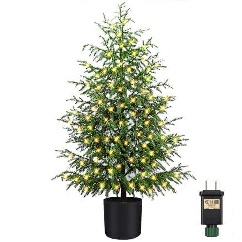 ENVEN 4FT Prelit Norfolk Pine Christmas Tree – Real-Touch Artificial Cedar with 80 LED Lights, 8-Function Plug-in, Potted Faux Tree (4ft-1 Pack)