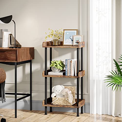 Hosfais Rustic Brown 3-Tier Small Wooden Bookcase - Safe Edge Protection