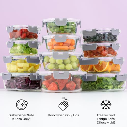 JoyJolt 24pc Borosilicate Glass Food Storage Containers with Grey Lids - Airtight & Freezer Safe