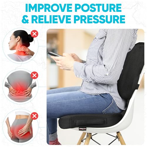 FORTEM Large Black Seat Cushion & Lumbar Support for Office Chair, Car, Wheelchair - Ergonomic Memory Foam