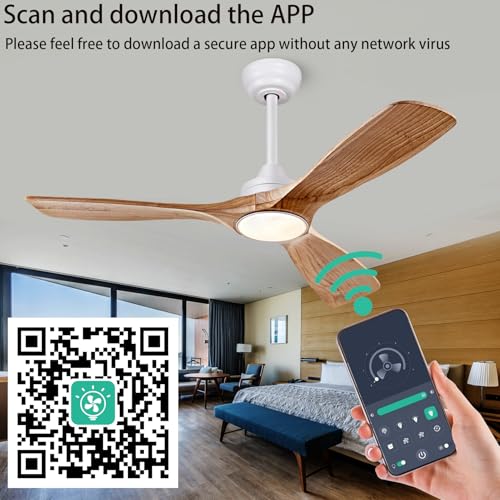 42 Inch Wooden Ceiling Fan with Lights - White & Light Walnut, Remote & App Control