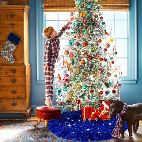 SOMUAUY Royal Blue Velvet Christmas Tree Skirt 45 Inch Ruffled Holiday Decor