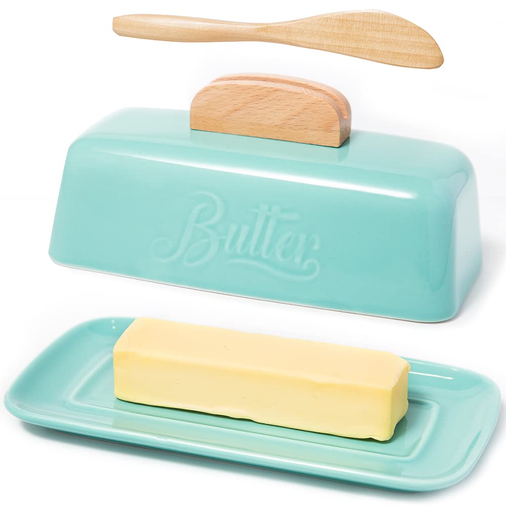 Butter Dish with Lid and Knife Ceramic Butter Holder for Counter Humanized Clamp-able Knife Handle Design, Perfect for East West Coast Butter, Skyblue