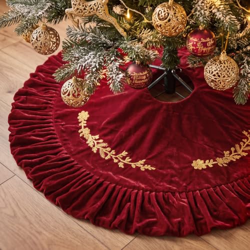 Sotiff 36 Inch Burgundy Velvet Christmas Tree Skirt with Gold Embroidery - Classic Wine Red