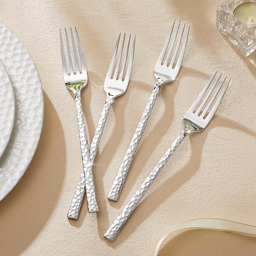 12-Piece Hammered Dinner Forks Set - 18/10 Stainless Steel, 8 Inch