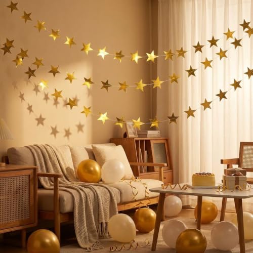 65ft Gold Star Garland 5-Pack - Double-Sided Glitter Hanging Stars Party Decor