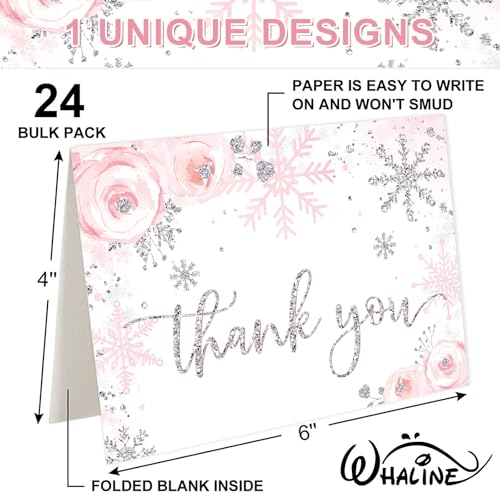 Whaline Pink Glitter Snowflake Thank You Cards 24 Pack with Envelopes & Stickers