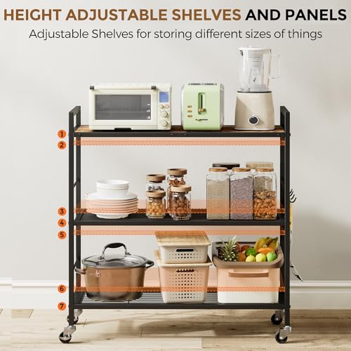 XIVIRACK Brown 3-Tier Metal Storage Rack with Wooden Top & Wheels, Adjustable Shelves, 31.5" Wide