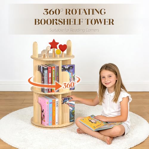 Kryonix 3 Tier Kids Rotating Bookshelf, Spinning Solid Pine Wood