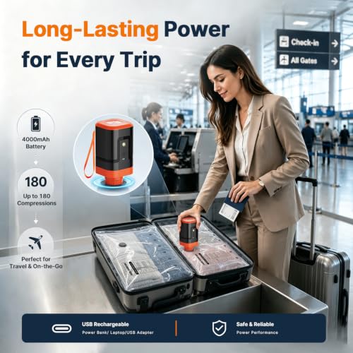 Orange Travel Vacuum Bags with Rechargeable Pump – Portable 4000mAh Sealer Kit