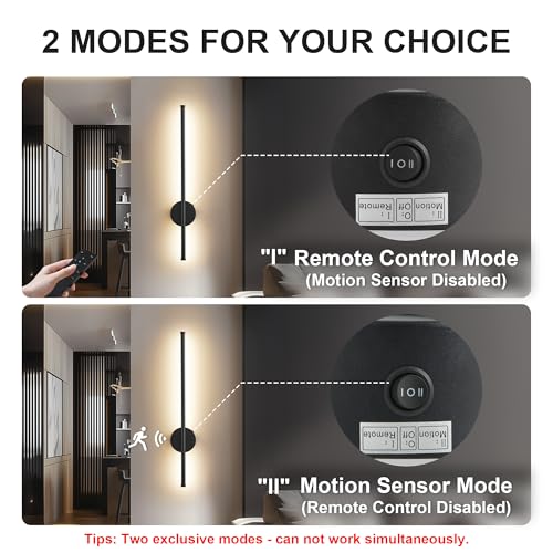 Black 23.6 Inch Motion Sensor Wall Sconce Battery Operated Dimmable 3CCT