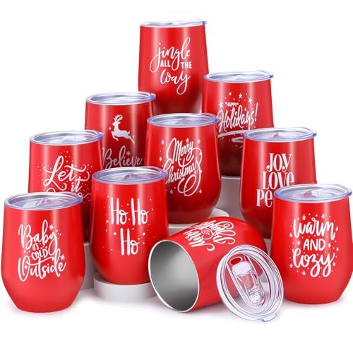 Uiifan 10 Pack 12oz Christmas Stainless Steel Tumbler Set with Lids & Straws - Red