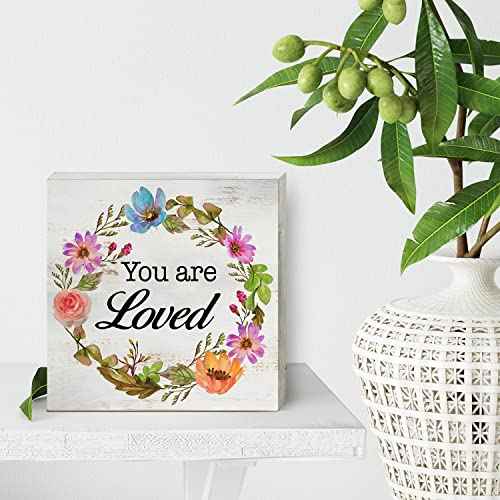 Floral You Are Loved Wood Box Sign Home Decor Rustic Inspirational Wooden Box Sign Block Plaque for Wall Tabletop Desk Home Decoration 5" x 5"