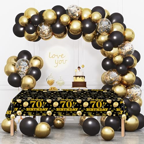 2 Pack 70th Birthday Tablecloth,Disposable Black Gold Plastic Waterproof Rectangular Table Covers for Christmas Party Decorations Men Women, 54 x 108 Inch
