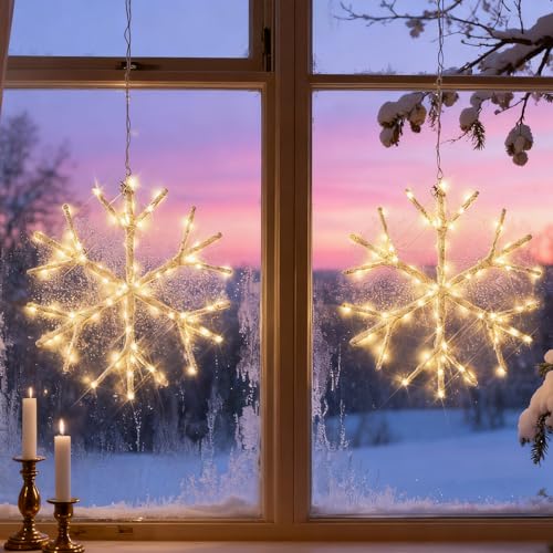 Hairui 2 Pack White Snowflake LED Lights Battery Operated with Timer 70 LEDs 14in Window Christmas Decor