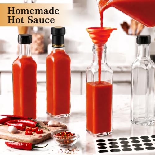 Clear 18-Pack Glass Hot Sauce Bottles 8.5oz Square Food Storage with Lids