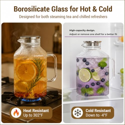 1 Gallon Square Glass Pitcher with Stripes - Borosilicate, Stainless Steel Lid, 135.3 Ounces
