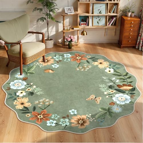 Lahome 6ft Green Floral Washable Round Area Rug – Non-Slip Large Circular Carpet