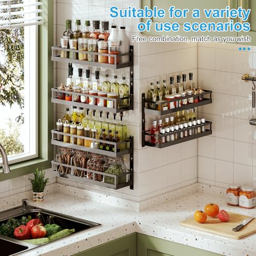 Wall-Mounted Spice Rack Organizer - 6-Tier Adjustable Shelves with Mixed Baskets - Black / 6x 4.6"D