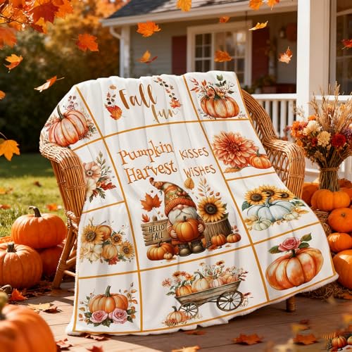 yuboo Thanksgiving Pumpkin Gnome Throw Blanket, 50"x60" Orange White Autumn Harvest Suflower Blankets and Throws for Couch, Fall Themed Farmhouse Home Decor Gifts