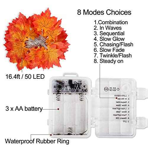 50 LED 16.4Ft Thanksgiving Decorations Fall Garland String Lights with Timer, Lighted Autumn Leaves Garlands Decor, Fall Lights for Home Decoration Party Indoor Mantle