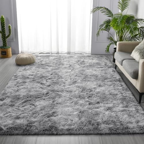Tie-Dyed Light Grey Shag Area Rug 6 x 9 ft - Soft Faux Fur Bedroom Carpet