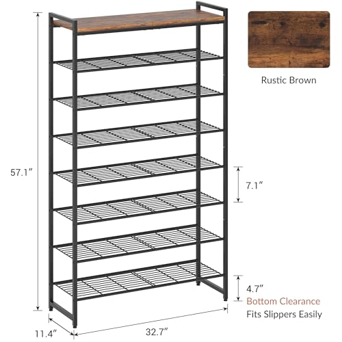 Rustic Brown and Black 8-Tier Shoe Rack Organizer for 32-40 Pairs - Tall Metal Storage Shelf with Wood Top, Adjustable Boot Space, Narrow Entryway Closet