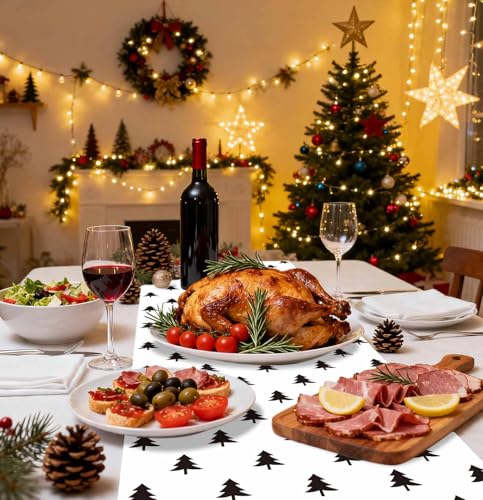 12 Pack Christmas Table Runner Plastic Holiday Decor 14 x 108 Black with Christmas Trees