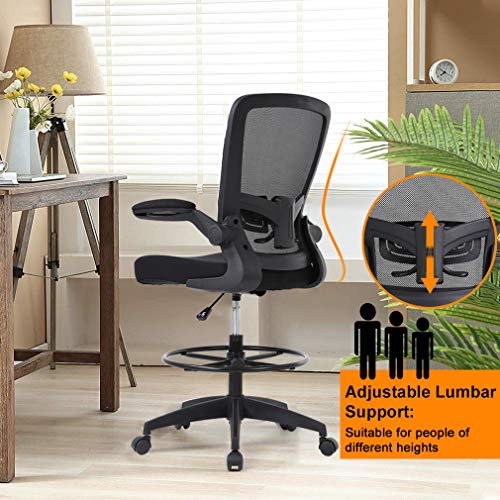 Tall Drafting Chair - Ergonomic Office Stool with Footrest - Black