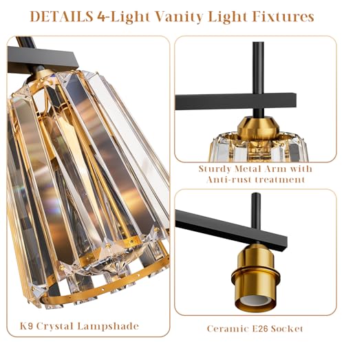 Crystal Bathroom Light Fixtures Over Mirror Black Gold 4-Lights Vanity Wall Sconces with Ceramic E26 Base - Modern Style