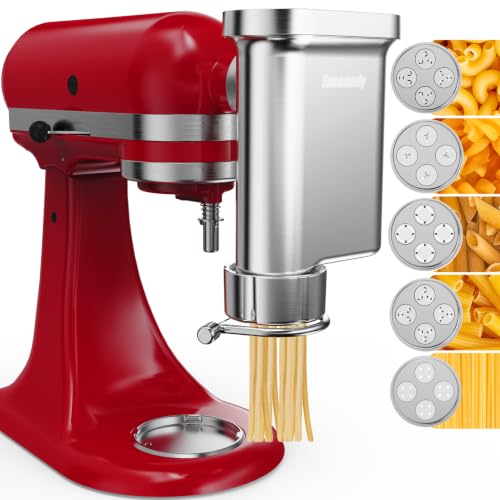 Eascandy Metal Gourmet Pasta Press Attachment for KitchenAid Stand Mixer – 5 Interchangeable Plates for Spaghetti, Fusilli, Bucatini, Macaroni – Durable, Easy to Clean Pasta Maker