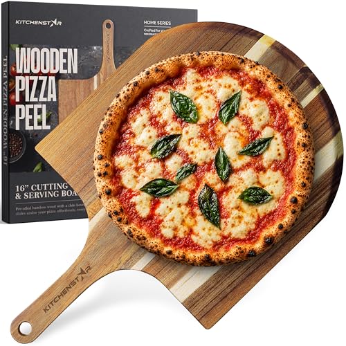 KitchenStar 16-Inch Wooden Pizza Peel - Extra Large Acacia Paddle for Pizza & Serving, Handled Pizza Board