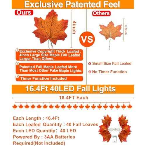 [Timer] Fall Garland with Lights Fall Decor 16.4 Ft 40 LED Enlarged Maple Leafed Fall String Lights Battery Operated Waterproof Thanksgiving Lights Autumn Fall Decorations for Home Indoor Outdoor
