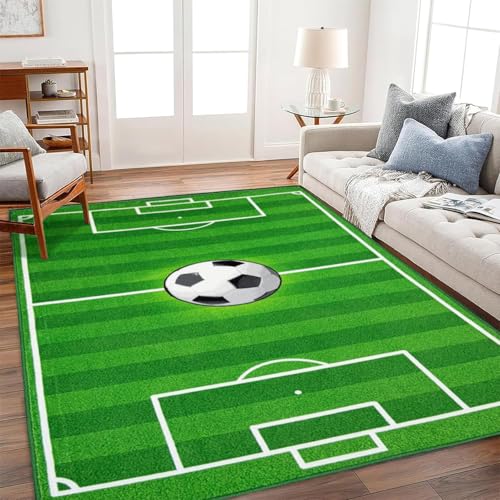 Soccer Field Rug 5x7 ft - Non-Slip Boys Bedroom Decor, Washable Kids Playroom Mat
