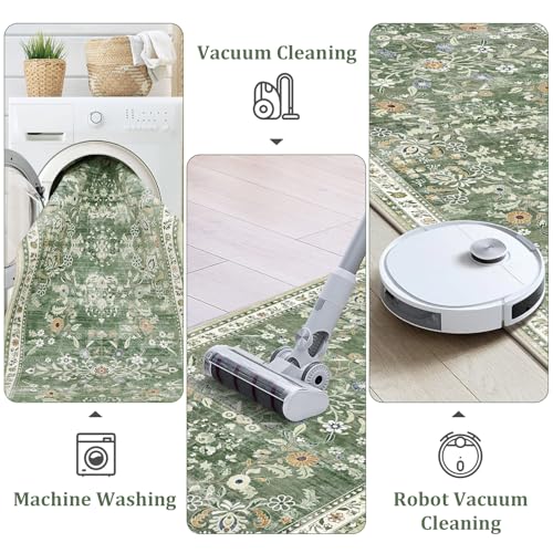 Sage Green Washable Hallway Runner Rug 2x12 Floral Non-Slip Carpet