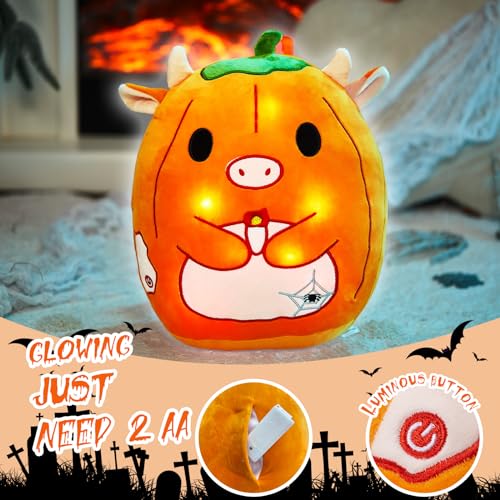 Light Up Pumpkin Cow Stuffed Halloween Plush Pillow with LED Light Stuffed Animals Soft Pillow Halloween for Boys Girls