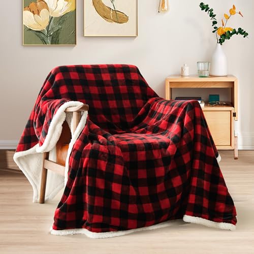 BEAUTEX Christmas Sherpa Fleece Throw Blanket 50x60 Buffalo Plaid, Red
