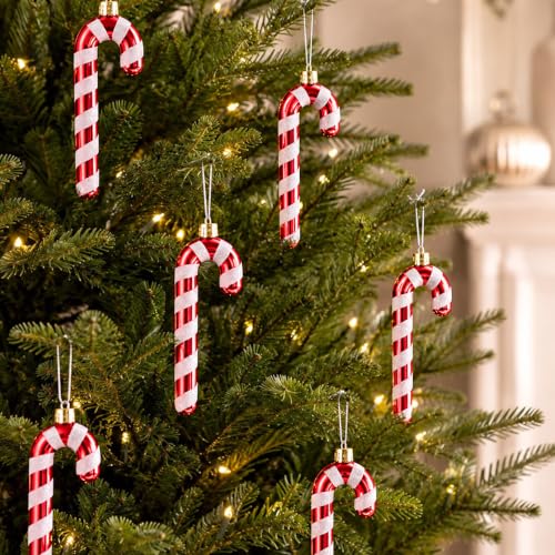 12Pcs Red & White Candy Cane Christmas Ornaments with Glitter – 12.5 cm