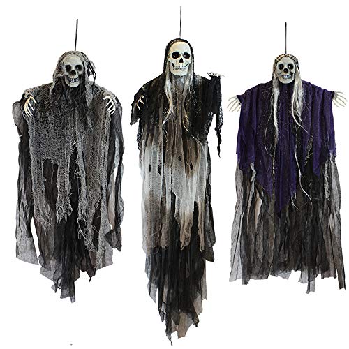 3-Pack Hanging Grim Reaper Skeleton Halloween Decorations - 31.5”, 53”, 31.5” | Outdoor Horror Props