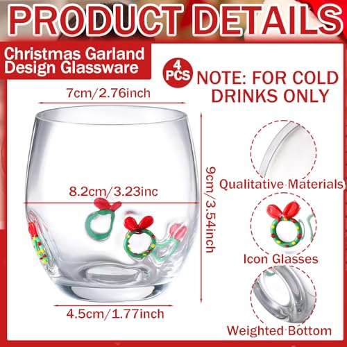 FoldTier Christmas Wreath Stemless Wine Glasses Set, 4 Pcs Holiday Decor