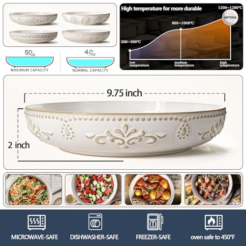 Artena White Pasta Bowls Set of 4 – 50oz Large Ceramic Salad & Soup Plates, Embossed & Reaction Glaze, Microwave & Dishwasher Safe