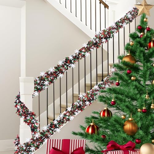 CUADRNX 50ft Green Red Christmas Tinsel Garland Holiday Decor Indoor Outdoor