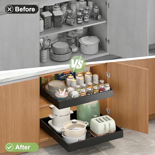 RUILALIFE Black 2-Pack Expandable Pull-Out Cabinet Organizers - No Drill, Slide Out Drawers, Adjustable Width 12.6-20.47 inches