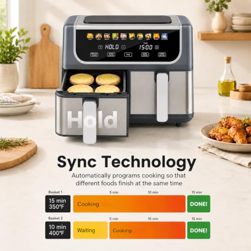 OLIXIS Dual Air Fryers with 2 Baskets 9.5 Qt Large Capacity 10-in-1, Grey / 16 x 14 x 11.5 inches