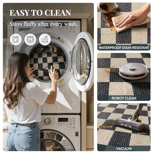 8x10 Checkered Washable Area Rug - Non-Slip Black & White Living Room Floor Cover