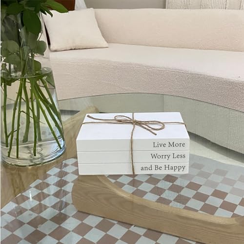 Decorative Books for Home Decor, White Faux Books for Decoration, Rustic Farmhouse Stacked Display Books with 52in Wood Bead Garland for Coffee Tables Living Room, (Happy)